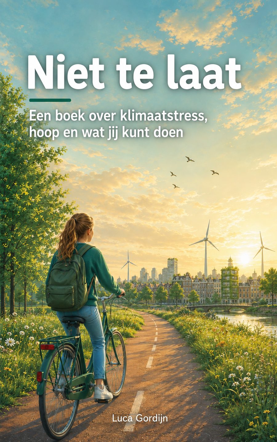 Omslag van Niet te laat: een meisje fietst bij zonsopgang naar een stad met windmolens en grachtenpanden.