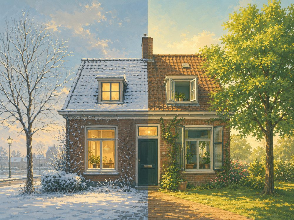 Een Nederlands huis, links in de winter met sneeuw, rechts in de zomer met groene bomen.