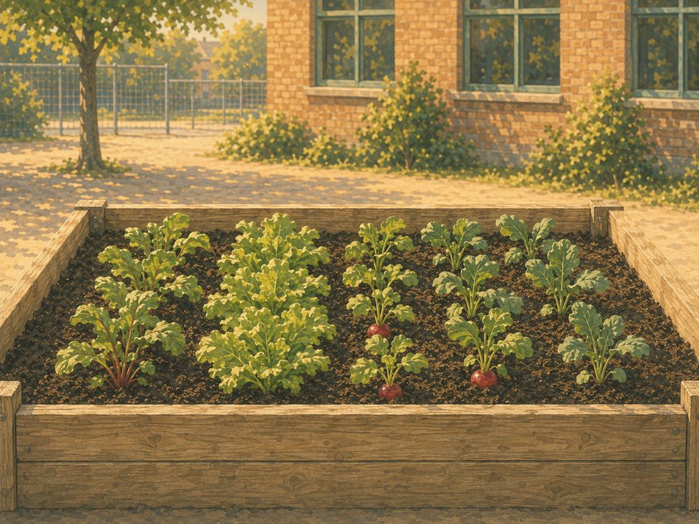 Een houten moestuinbak met jonge groenteplanten op een schoolplein.
